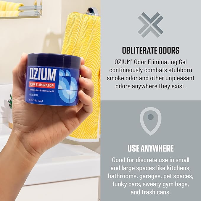 Ozium Odor Eliminating Gel - 4.5oz Air Freshener Alternative for Smoke, Pets, and Musty Odors - Long Lasting Odor Remover for Cars, Homes, Closets and Small Spaces - New Car