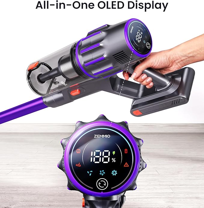 Cordless Vacuum Cleaner,650W 55KPA 80Mins Cordless Stick Vacuum with Smart Display,1.8L Cup,V-Shaped Anti-Tangle Brush,Wall Mount Charging,Self-Standing Vacuum Cleaners for Home,Floor,Carpet,Pet Hair