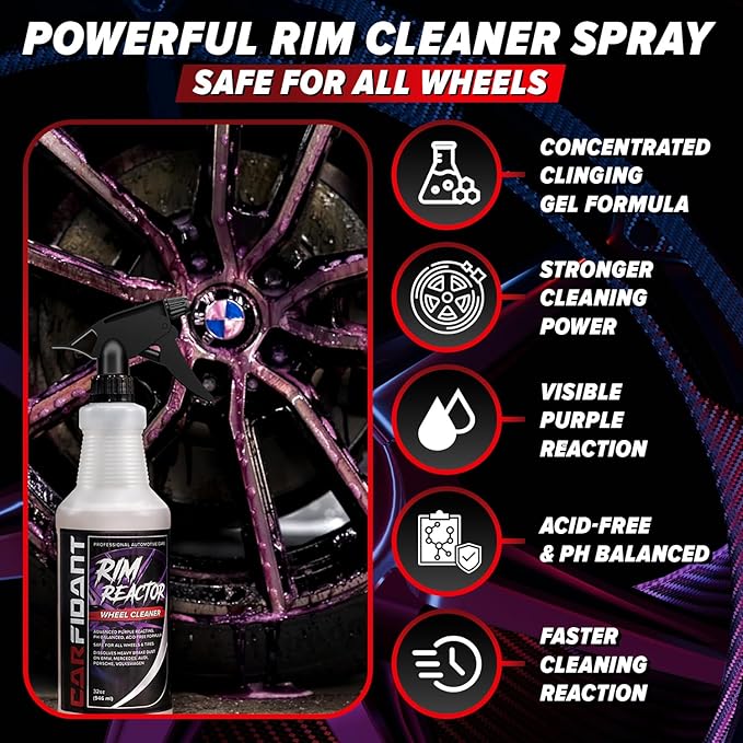 Carfidant Rim Reactor Wheel & Rim Cleaner Spray – Removes Brake Dust & Grime - Thick Gel, Dilutable - pH Neutral, Non-Acidic Tire Cleaner - Safe for Chrome, Black, Painted & Alloy Wheels - 16 fl oz