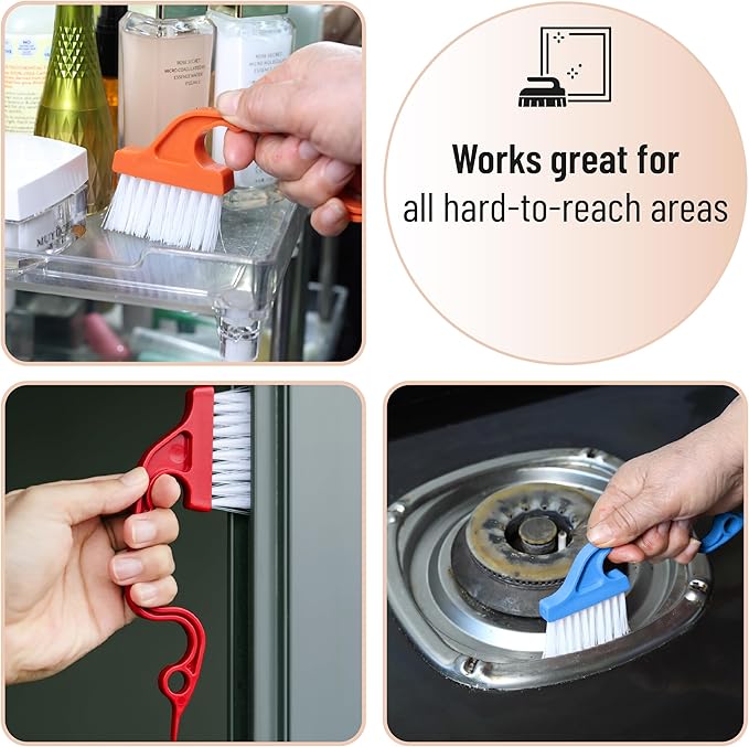 Slick- Window Track Cleaning Brush, 4 Pack, Colorful Ergonomic Handle, Built-in Scraper, Multipurpose, Window Track Cleaning Tools