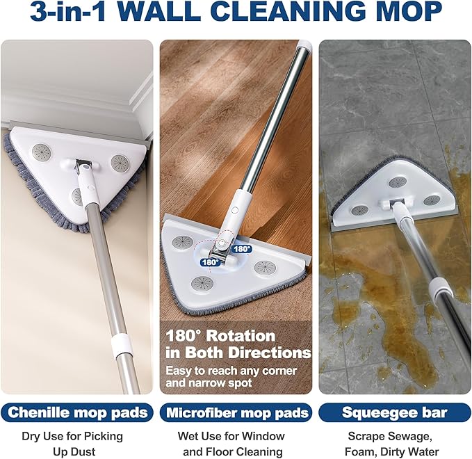 Wall Cleaner Mop with Long Handle, Wall Duster with Extension Pole, Dust Mop with 6 Reusable Pads, 3-in-1 Wall Cleaner for Wall, Ceiling, Window, Baseboard, Floors