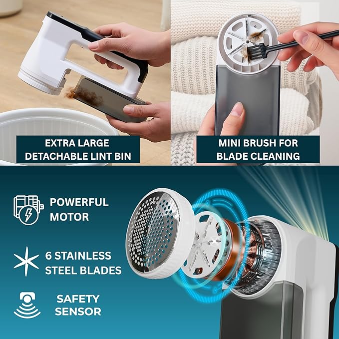 True & Tidy XL Fabric Shaver & Lint Remover Rechargeable Electric Sweater Defuzzer w/ 6-Blade Stainless Steel, 3 Speeds, LED Display, 2 Extra Blades, 3.5 Hrs Runtime for Clothes, Couch, Upholstery