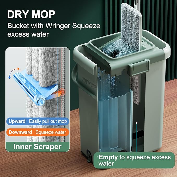 JOYMOOP Flat Mop System, Microfiber Mop and Bucket Set, Green, Household & Commercial Floor Cleaning Mop, Includes 2 Mops and 8 Large Microfiber Pads
