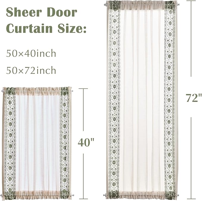jinchan French Sheer Volie Door Curtain Embroidered Christmas Decor Farmhouse Linen Curtain for Patio Door with Tie up Bows for Door Window Closet Light Filtering 40 Inches 1 Panel Green on Beige