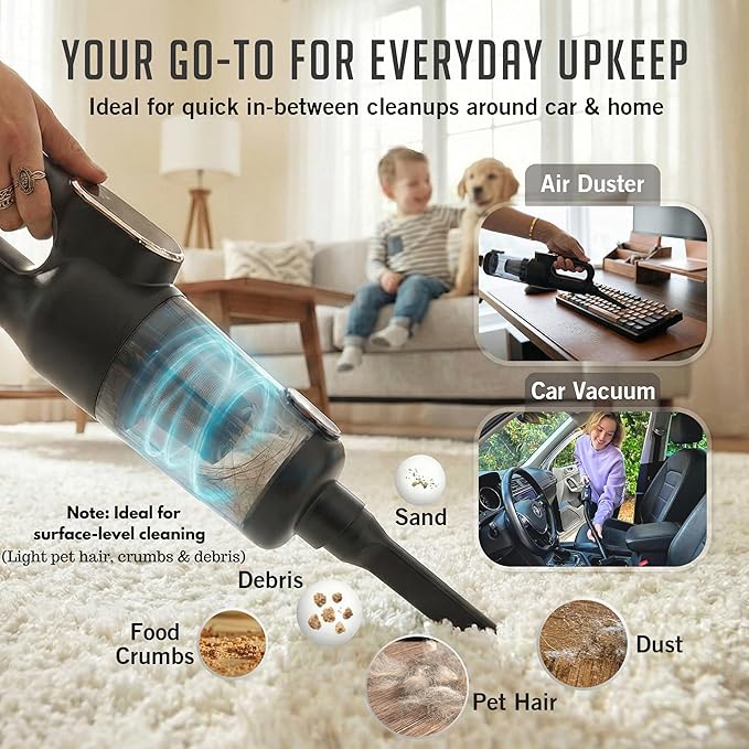 Car Vacuum Portable Cordless, 4-in-1 Mini Car Vacuum with 19500pa Suction & Air Duster, USB-C Charging, Smart Digital Display, Handheld Vacuum with LED Light, Multi Nozzles for Car, Home, Office, Pet