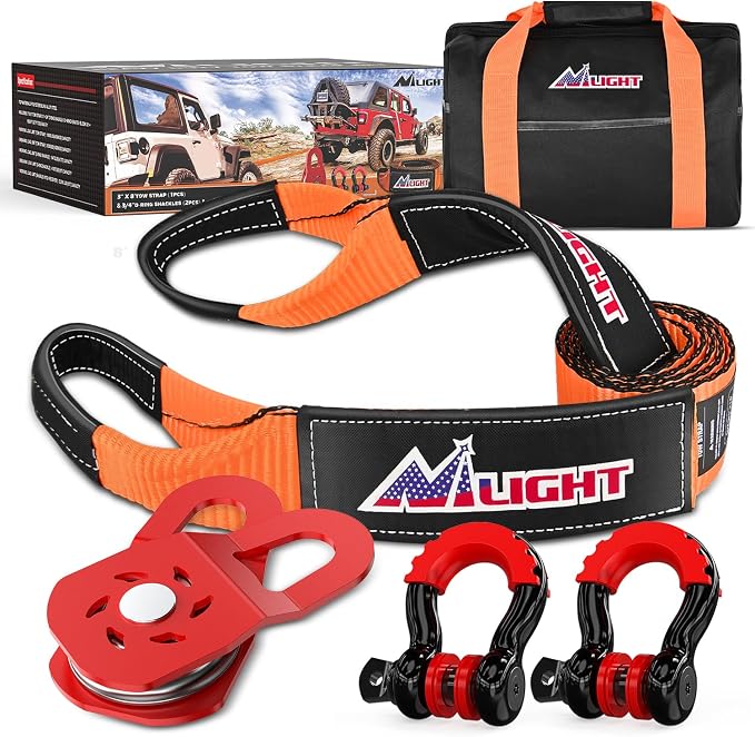 Nilight Offroad Recovery Kit 3" x8' Tow Strap Pulley Anti-Theft D-Shackles