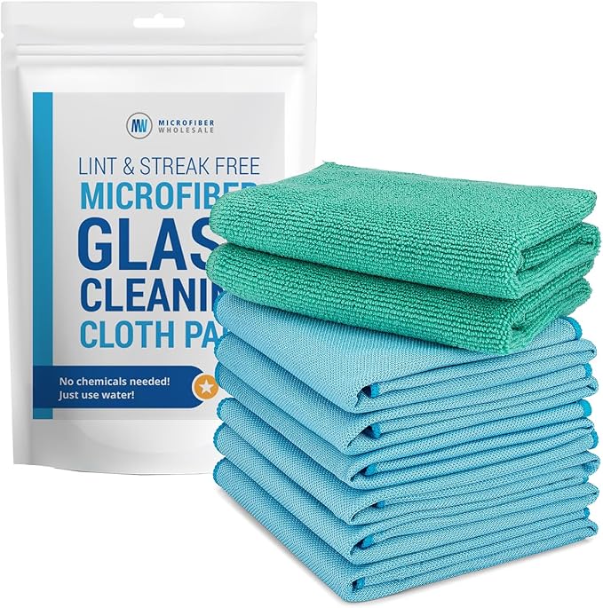Claro 2 Step Glass Cleaning Cloth 8-Pack – Green Wet & Blue Dry Microfiber Towels Cleaning for Windows, Mirrors & Glass 