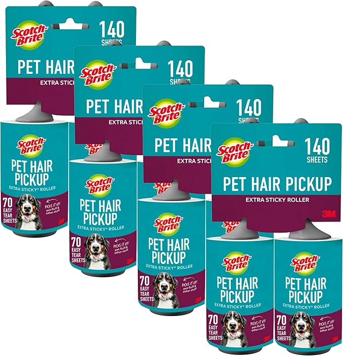 Scotch-Brite Pet Hair Pickup Extra Sticky Lint Roller, Designed for Removing Fur + Fluff on Couches, Clothes, Dog and Cat Beds, & More, 8 Pack, 140 Easy-Tear Adhesive Sheets Total