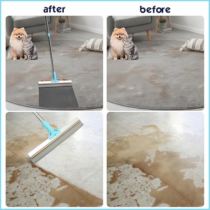 Carpet Rake for Pet Hair Removal, 54" Adjustable Long Handle 3 in 1 Carpet Rake & Pet Hair Removal Gloves for Cat Dog Fur Remover for Carpets, Rugs, Mats and Furniture(with 2 Hooks)