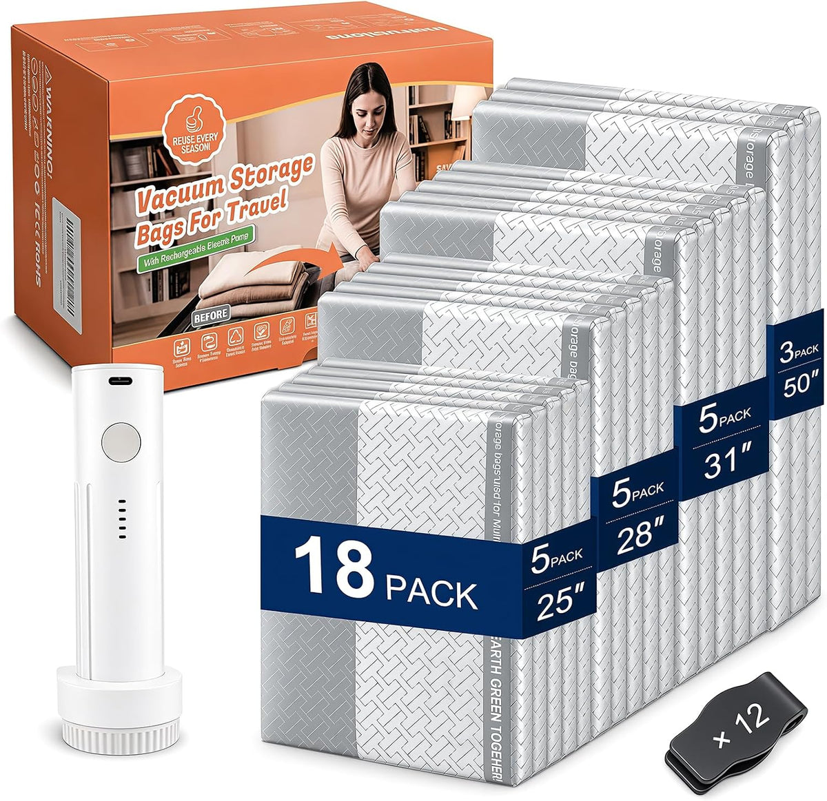 18 Pack Vacuum Storage Bags with Electric Pump, Space Save Bags for Travel
