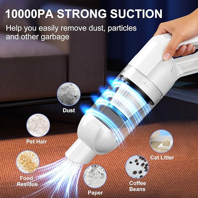 2-in-1 Cordless Handheld Vacuum Cleaner,10000PA Powerful Suction Portable Lightweight Hand Held Vacuum with LED Light,Multiple Accessories,USB Rechargeable,for Car, Office & Home Cleaning