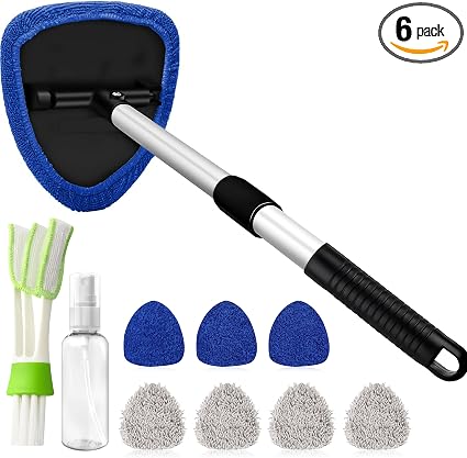 Windshield Cleaner Tool with 180° Rotating Head, Car Window Cleaner Tool with Extendable Handle and 4 Reusable Microfibe