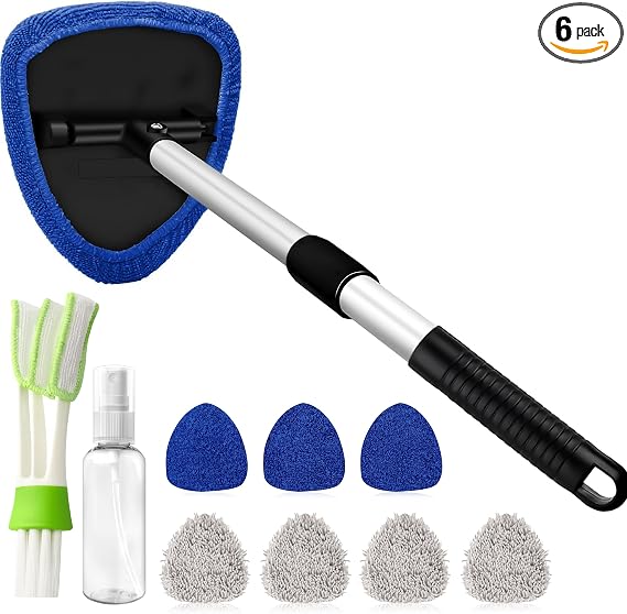 Windshield Cleaner Tool with 180° Rotating Head, Car Window Cleaner Tool with Extendable Handle and 4 Reusable Microfibe