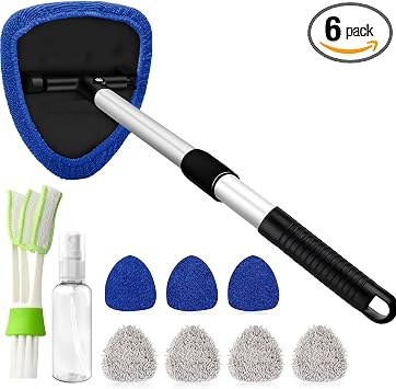 Windshield Cleaner Tool with 180° Rotating Head, Car Window Cleaner Tool with Extendable Handle and 4 Reusable Microfibe