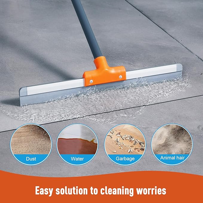 CLEANHOME Rubber Floor Squeegee for Concrete Floor, Tile Floor, Metal Aluminium Heavy Duty Garage Shower Floor Squeegee Broom for Removing Water, Commercial Scrubber Mop with Extendable Long Handle