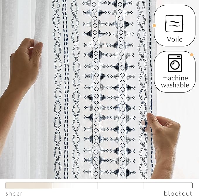 jinchan French Door Curtain Privacy Boho Embroidered Semi Sheer Voile Front Curtain for Window Doorway Closet, Door Panel with Tieback Rod Pocket 1 Panel (Blue on White, 55W x 40L Inch)