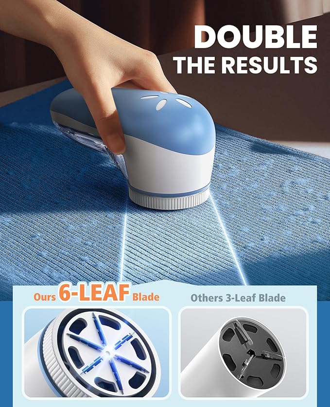POPCHOSE Fabric Shaver, Lint Remover for Clothes, Electric Lint Shaver with 6-Leaf Blades, Sweater Shavers to Remove Pilling for Clothing, Couch, Furniture, Fuzz, Lint Ball, Bobbles, Light Blue