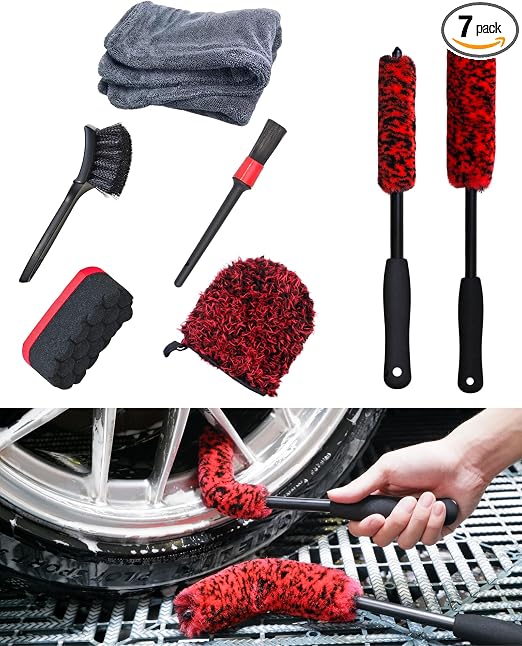 oesee Professional 4 Pack Long Handle Wheel Brush Kit for Cleaning Wheel and Tire- 2X Soft Wheel Cleaning Brush, Detaili