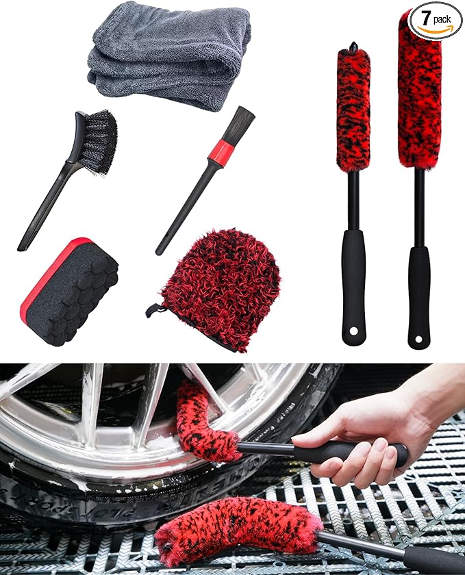 oesee 7PCS Car Wheel Rims Detail Cleaning PRO Wash Kit, Wheel Wash Mitt, Tire Brush, 2PCS Soft Wheels Brush, Detailing Brush, and Tire Dressing Pads, Microfiber Dry Towel Scratch-Free Cleaning