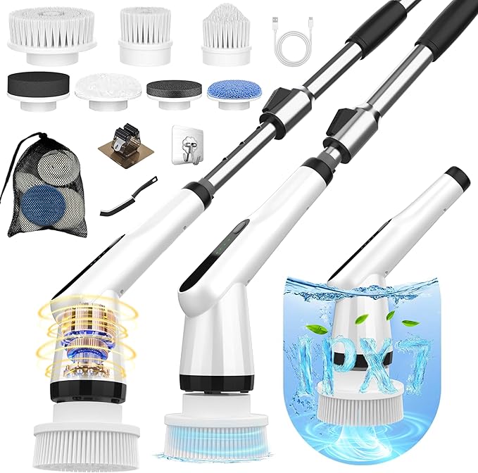 Dreazu Electric Spin Scrubber, 12-in-1 Shower Scrubber & Retractable Long Handle, 44 lbs High-Torque & Variable Speed Shower Cleaning Brush for Bathroom,Toilet, Bathtub, Kitchen, Tile Floors, Car