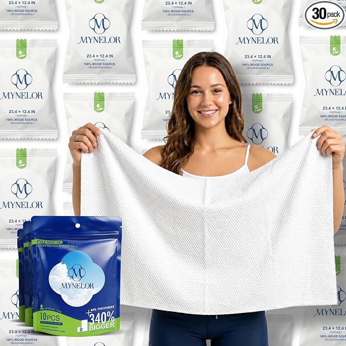 Large Compressed Towel Tablets, 30 Count, Plant Fiber Camping Towels