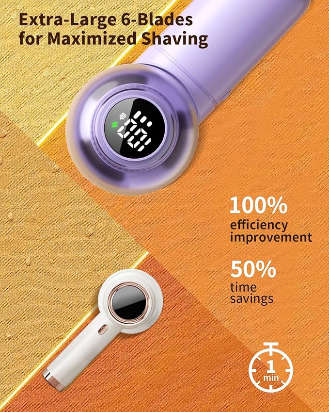 coldSky Fabric Shaver, 𝟮 𝗶𝗻 𝟭 Lint Remover with Brush, 1200mAh Sweater Shaver with Digital Display,3 Speeds Lint Shaver, 6-Leaf Blades Lint Remover for Clothes, Sofa, Bedding,Purple