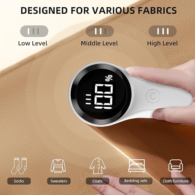 Buywoo Fabric Shaver, Electric Lint Remover, Rechargeable Lint Shaver, Household Essentials for Clothes, Upholstery, Furniture, Sweater Defuzzer to Remove Pilling, Battery Operated, White