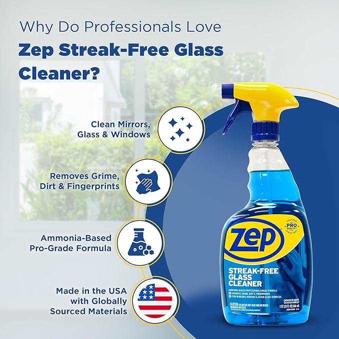 Zep Streak-Free Glass Cleaner - 32 Oz (Case of 4) ZU112032- Professional Grade Formula that Cleans Dirt, Fingerprints, Grime, Smoke Haze, and Toothpaste on Windows, Mirrors, and Other Glass Surfaces