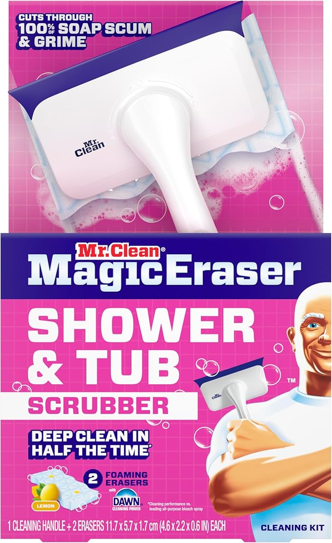Mr. Clean Magic Eraser Shower & Tub Scrubber, Bathroom Cleaner, All in One Bathroom Cleaner, Lemon Starter Kit, 2 Scrubber, 5 Foaming Magic Erasers, 1 Whole Home Extra Durable Magic Eraser