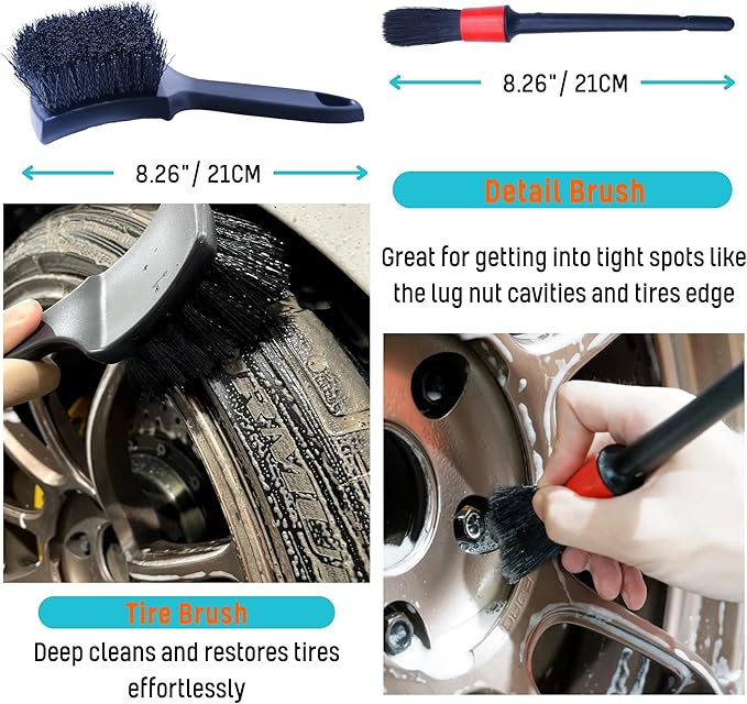 oesee PRO Choice 4 Pack Long Handle Wheel Brush Kit for Cleaning Wheel and Tire- 2X Soft Wheel Cleaning Brush, Detailing Brush and Stiff Tire Brush