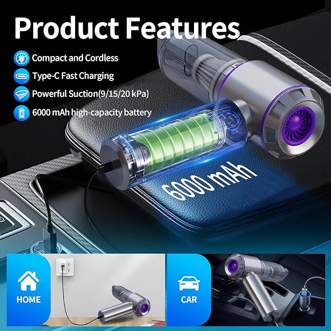 20000Pa Car Vacuum Cleaner High Power, Cordless Mini Vacuum Air Duster for Car Detailing Kit, 4-in-1 Portable Handheld Vacuum with Brushless Motor, Aspiradora para Carro, Home Office Pet (Purple)
