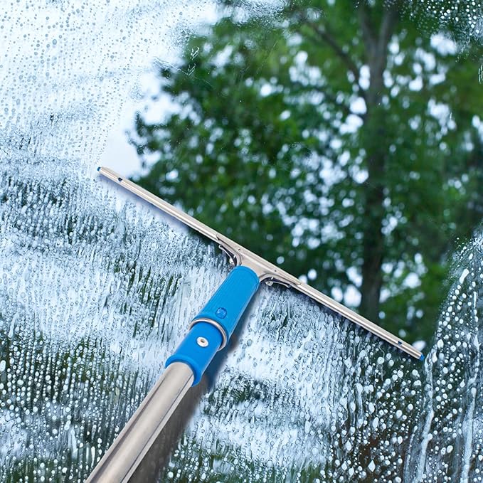 Window Squeegee with Scrubber for Home and Outdoor Glasses Cleaning, 6 Ft Long Handle 2 in 1 Professional Window Washing Kit with Replacement Rubber Blade, Car Windshield Cleaner Tool
