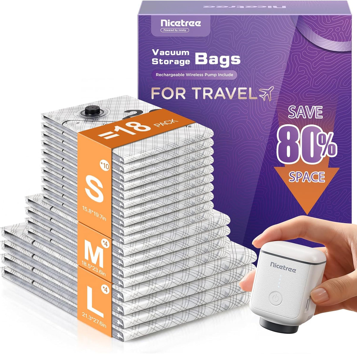 18-Pack Travel Vacuum Bags with Rechargeable Cordless Pump