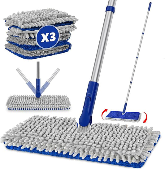2-Sided Microfiber Dust Mop: Dry Flat Wall Mop for Hardwood Floors with 3 Reusable Pads Reversible Head for Apartment Kitchen Tile Laminate Pet Hair Cleaning