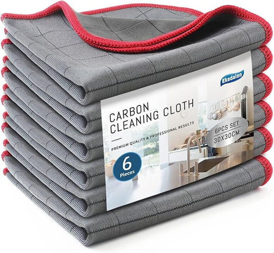 Lint Free Carbon Microfiber Cleaning Cloth Glass Window Polishing Streak Free Miracle Easy Clean Rag Reusable for Mirror Kitchen Dish Auto Detailing, Pack of 6, 12"x12", 400GSM