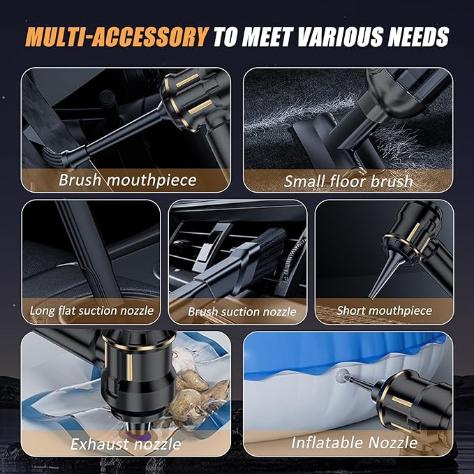 Handheld Car Vacuum Cordless, Mini Vacuum Cleaner Rechargeable, 16000Pa Hand Held Vacuum Cleaner Portable, Small Vacuum with Multi-Nozzles, Dust Duster for Car Home Office Pet (Black Gold)