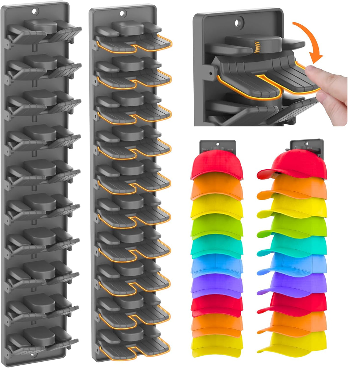 Hat Organizer for Baseball Caps 2 Packs with Built-in Spring Clips - Wall Mount Closet Hat Rack Holder,Storage for Door/Closet Display Hat Racks Hanger (Strong Adhesive & Screws) Matte Black.