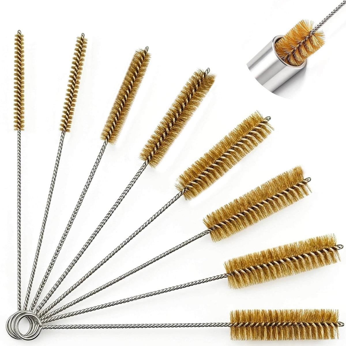 Brass Wire Tube Brush Set, 8 Sizes 6-25mm 11.8in, for Auto & Pipe Cleaning