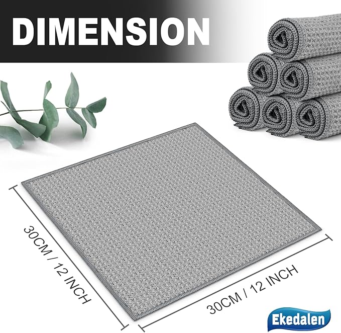 Microfiber Cleaning Cloth Waffle Weave for Dusting Absorbent Towel Quick Drying Dust Rags Household Kitchen, Lint Free Streak Free, 6 Pack,12 x 12 Inches, Grey