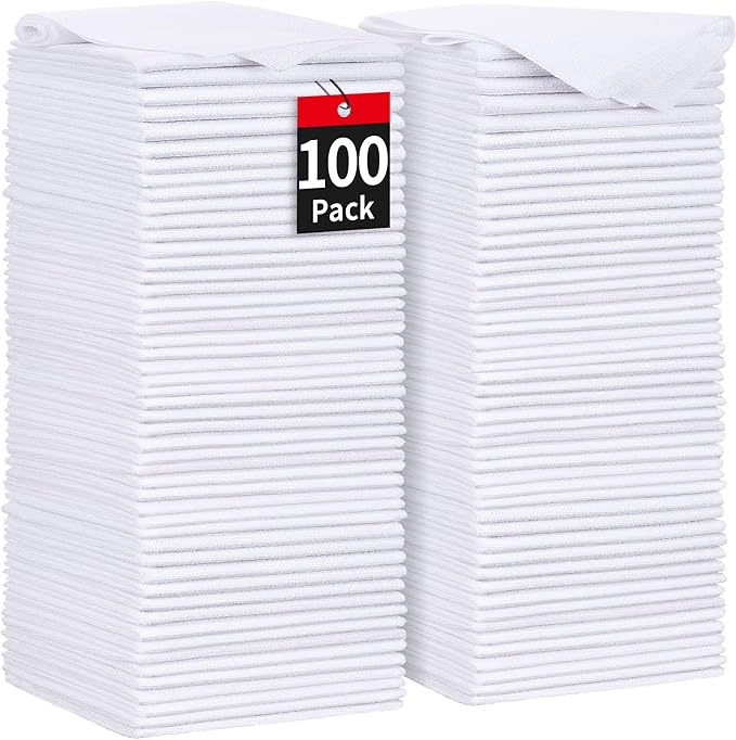 White Microfiber Cleaning Cloths, 100 Pack Shop Towels Rags, Bulk Absorbent Lint-Free Detailing Cleaning Rags Microfiber Towels for Car Mechanic Automotive Garage Housekeeping, 11.5"*11.5"