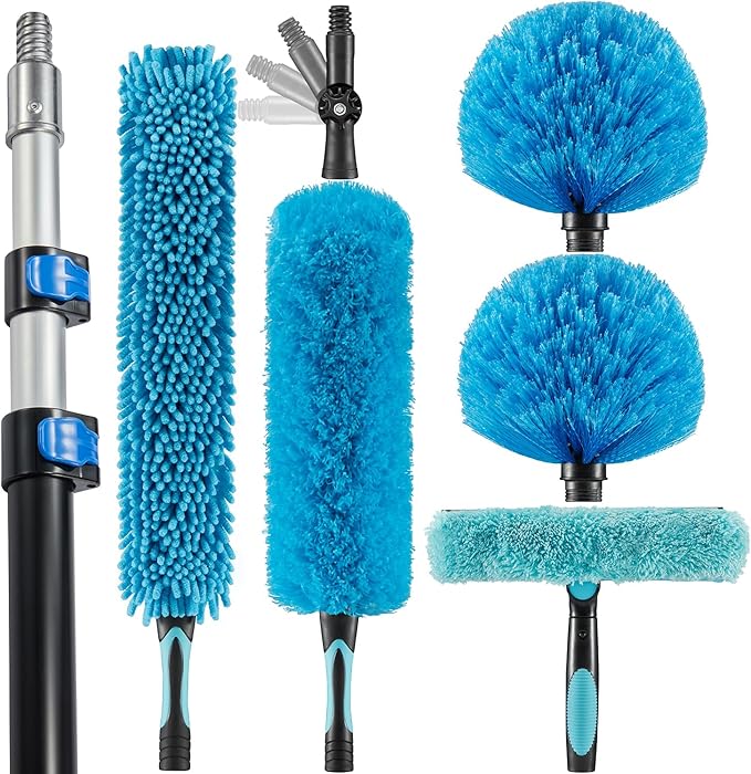 15 Foot High Ceiling Fan Duster with 5-8ft Extension Pole, Extendable Reusable Cobweb, Feather, Window Cleaning Squeegee Kit