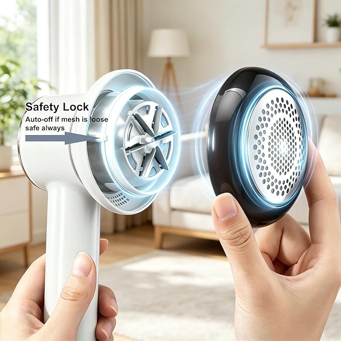 Fabric Shaver Lint Remover for Clothes with 2 Speeds, Digital Display, 6 Leaf Blades, USB Rechargeable Sweater Defuzzer to Remove Pilling Fuzz Ball for Furniture, Couch, Coat.White