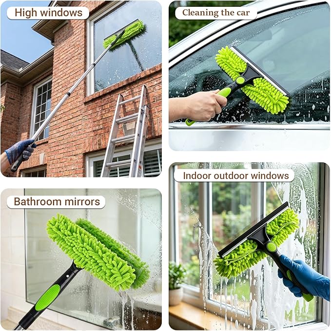 Professional 67" Window Squeegee, 3-in-1 Rotatable Squeegee for Window Cleaning with Extension Poles, Window Cleaner Tool Kit for Indoor & Outdoor High Windows and Car Glass
