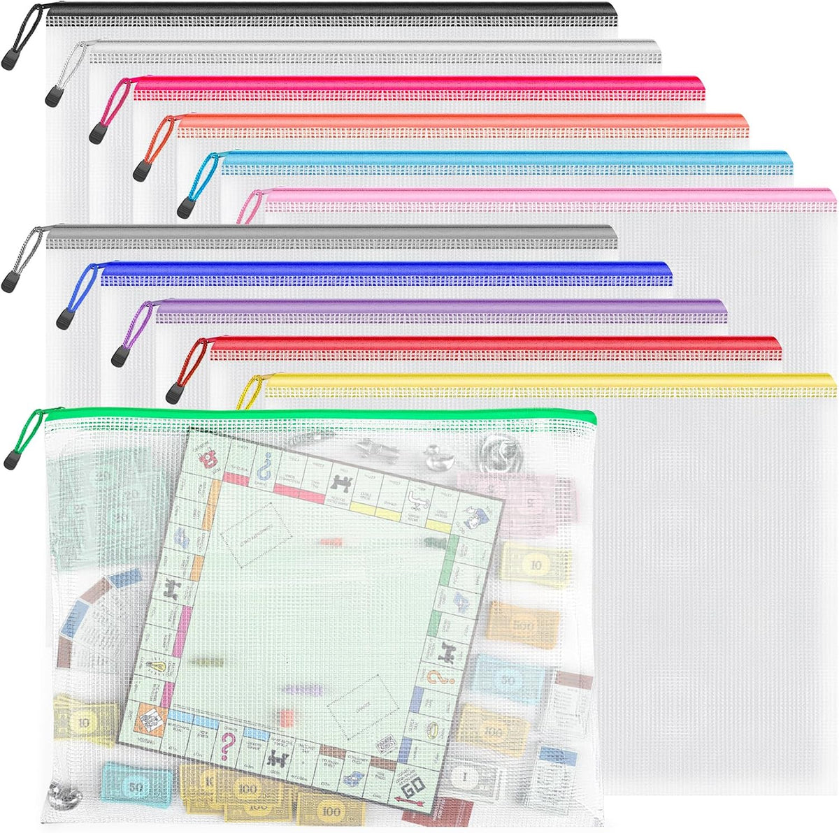 12 Pack A3 Mesh Zipper Pouch Bags, Board Game Storage Organizer