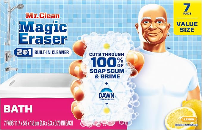 Mr. Clean Magic Eraser Sponge, Bathroom Cleaner, Shower Cleaner, Tub Cleaner, Soap Scum Remover, Bathroom Cleaning Supplies, Dawn Cleaning Power with Lemon Scent, 2 in 1 Bath, 7ct