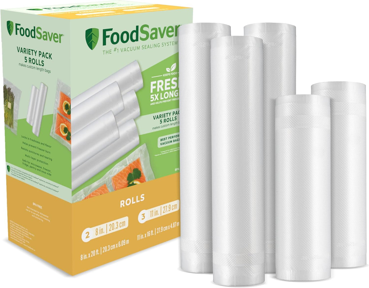 Custom Length Vacuum Sealer Bags Multipack, 5 Count Rolls for Airtight Food Storage and Sous Vide - Compatible with, 8 (2 Pack) and 11 (3 Pack)