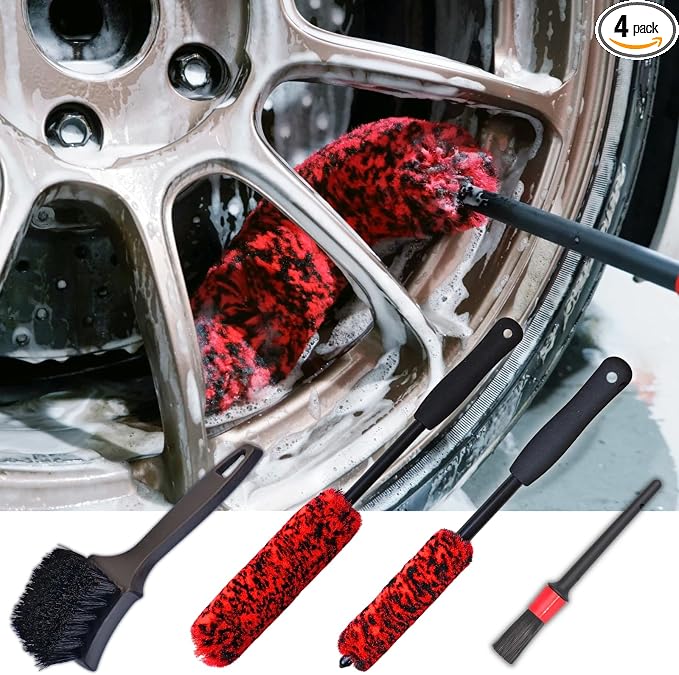 Wheel Brushes for Cleaning Wheels (4 Pro Pack)- 2X Soft Wheel Cleaning Wool Brush, Detailing Brush and Stiff Tire Brush,