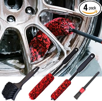 Wheel Brushes for Cleaning Wheels (4 Pro Pack)- 2X Soft Wheel Cleaning Wool Brush, Detailing Brush and Stiff Tire Brush,
