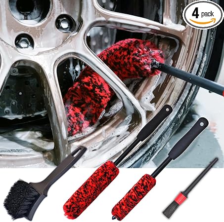 Wheel Brushes for Cleaning Wheels (4 Pro Pack)- 2X Soft Wheel Cleaning Wool Brush, Detailing Brush and Stiff Tire Brush,