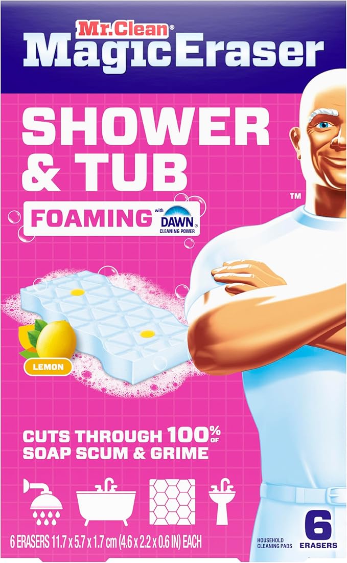 Mr. Clean Magic Eraser Sponge, Bathroom, Shower, Tub Cleaner, Soap Scum Remover, Bathroom Cleaning Supplies, Dawn Cleaning Power with Lemon Scent, Shower & Tub, 6ct (Pack of 4)